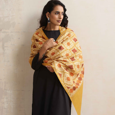 trueBrowns Mustard Embroidered  Woollen Stole
