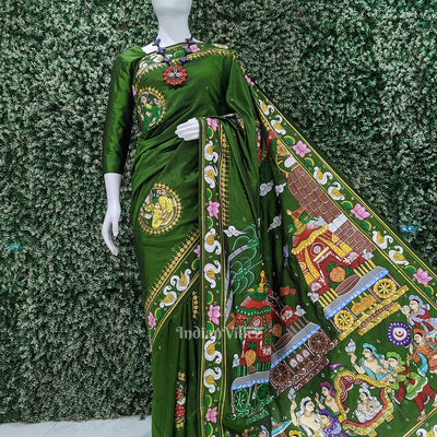 Mehendi Green Shree Jagannath Ratha Yatra Hand-Painted Pattachitra Saree