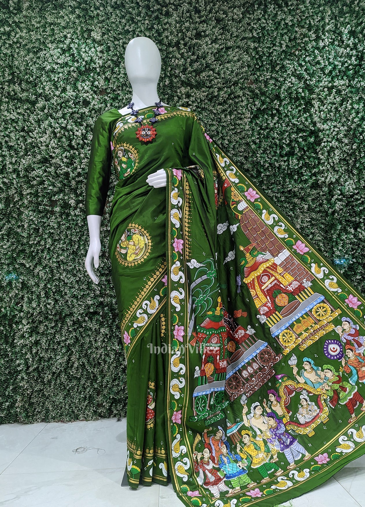 Mehendi Green Shree Jagannath Ratha Yatra Hand-Painted Pattachitra Saree