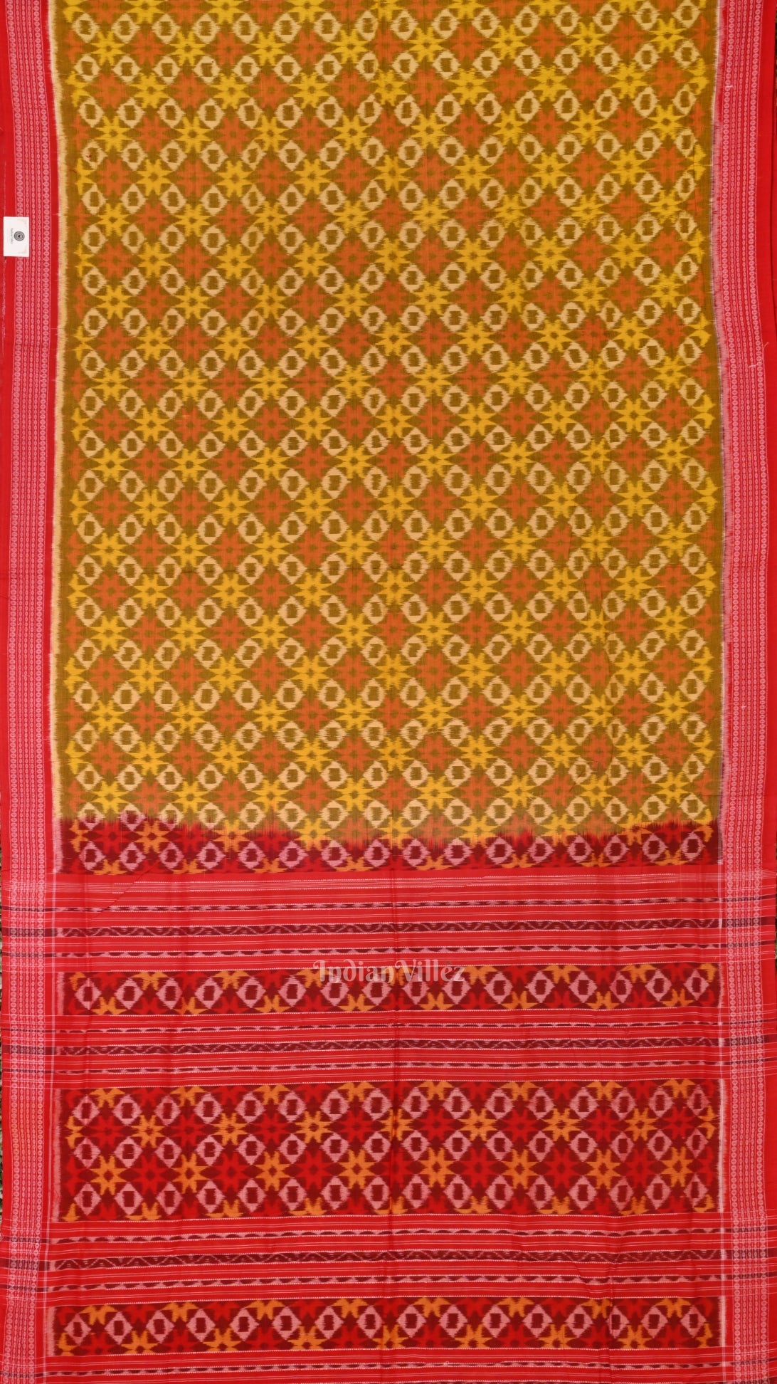 Lemon Yellow Red Ikat Sambalpuri Pure Cotton Saree