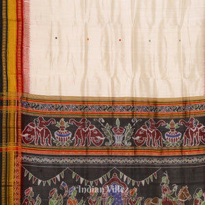 White Kathiphera Dolibarat Theme Odisha Ikat Khandua Silk Saree