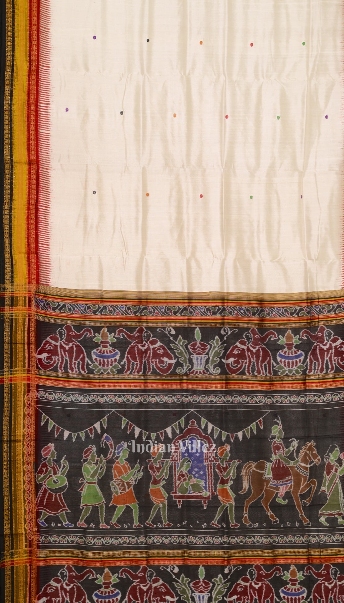 White Kathiphera Dolibarat Theme Odisha Ikat Khandua Silk Saree
