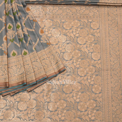 Light Blue Peach Dual Tone Meenakari Pure Mashru Satin Silk Banarasi Saree