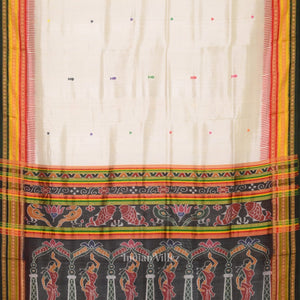 White Green Kathiphera Khandua Silk Saree with Odissi Dancer Pallu