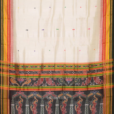 White Green Kathiphera Khandua Silk Saree with Odissi Dancer Pallu