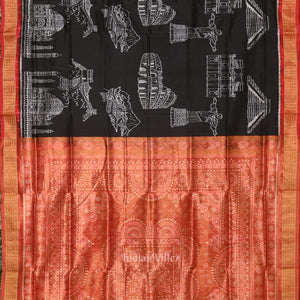 Pure Black Half Tissue Sambalpuri Silk Saree ( 7 Wonders of the World)