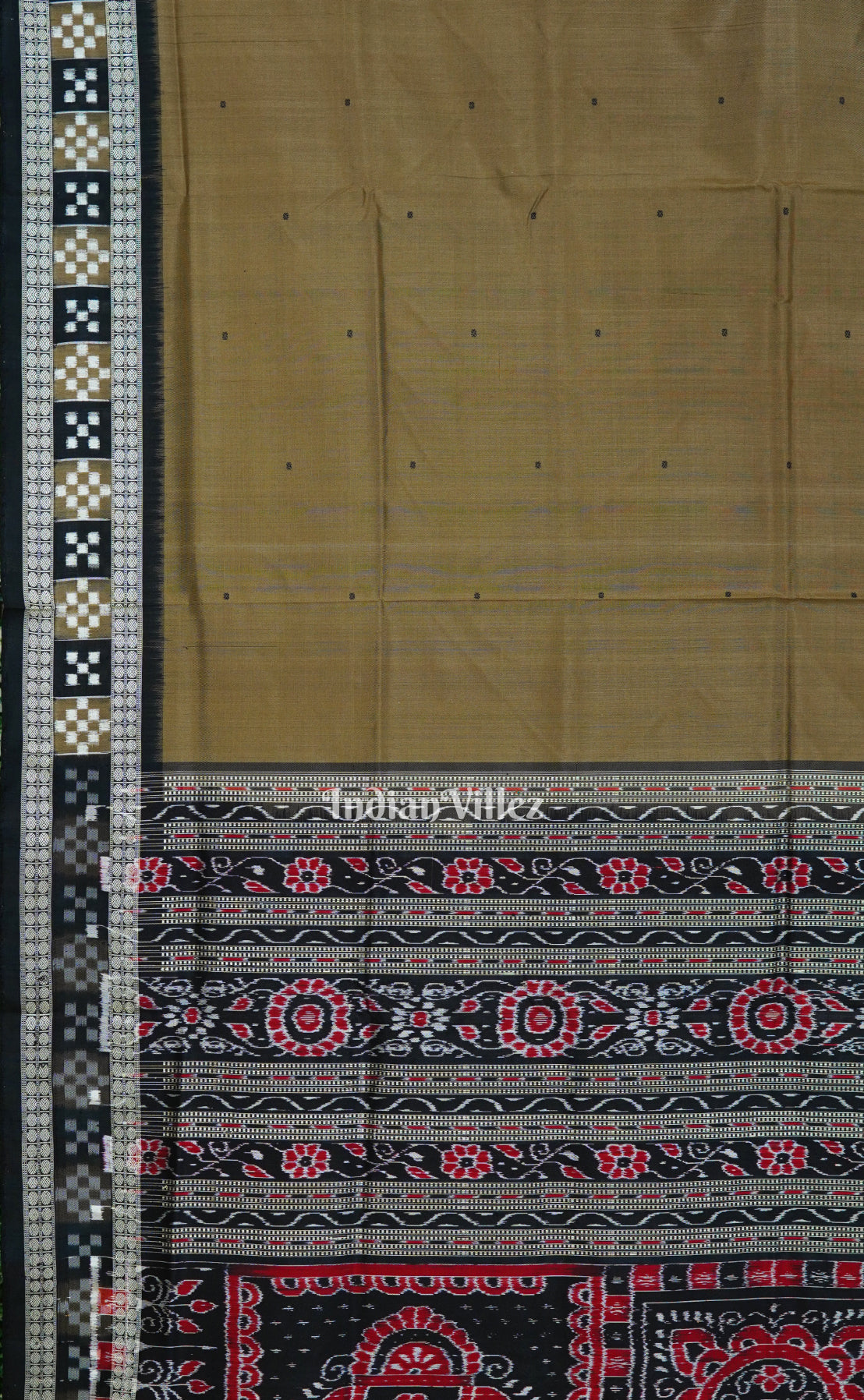 Dark Olive Green Sambalpuri Ikat Bomkai Silk Saree With Pasapali Border