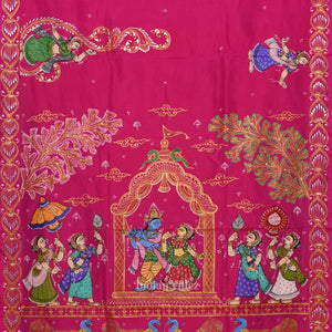 || राधा कृष्ण || Rani Pink Krishna Rasa Leela Hand-Painted Pattachitra Saree (Pre Order)