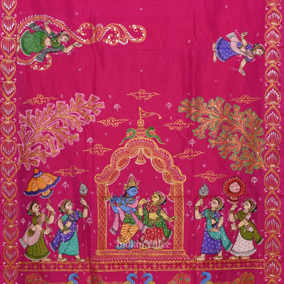 || राधा कृष्ण || Rani Pink Krishna Rasa Leela Hand-Painted Pattachitra Saree (Pre Order)