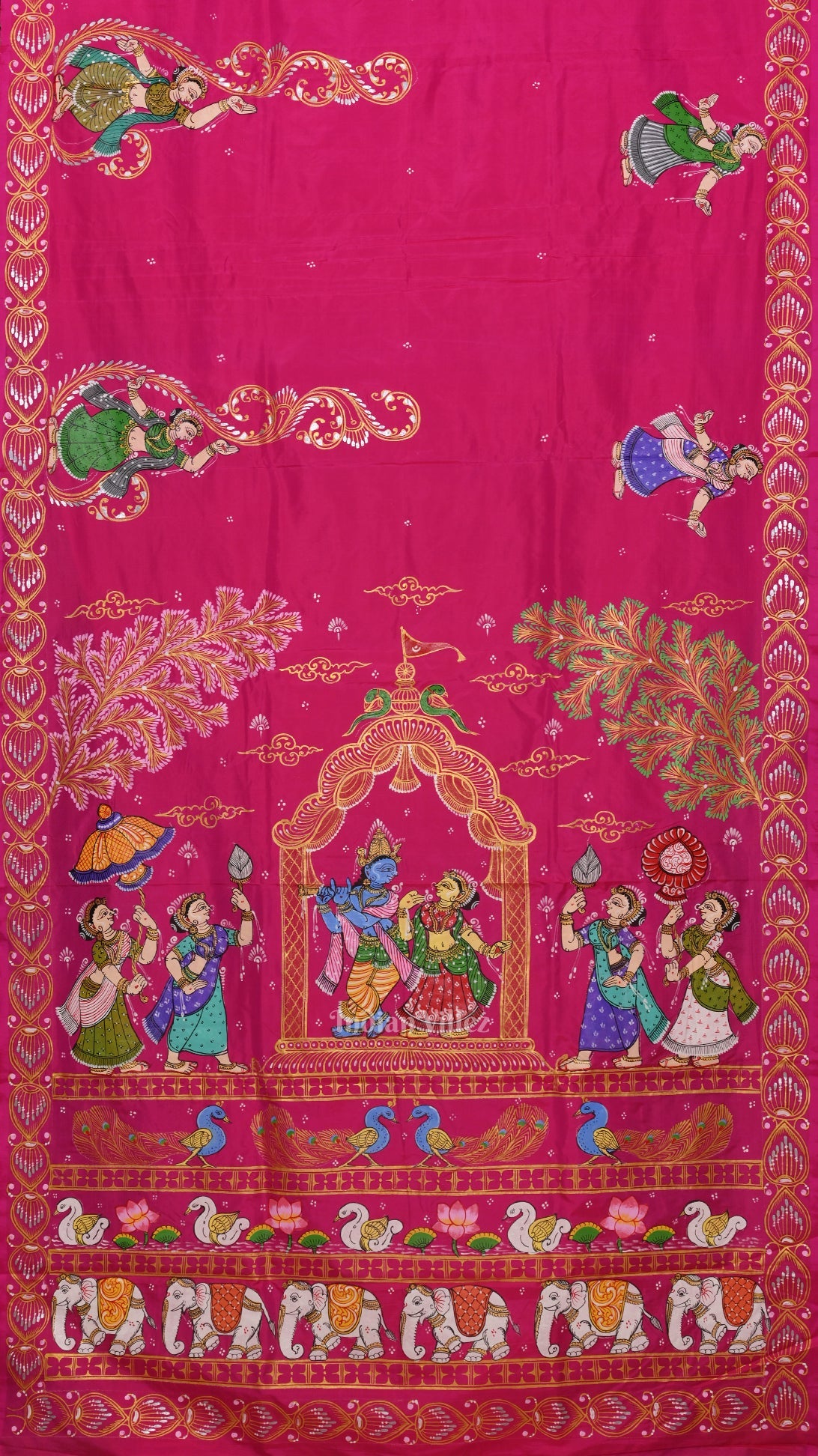 || राधा कृष्ण || Rani Pink Krishna Rasa Leela Hand-Painted Pattachitra Saree (Pre Order)