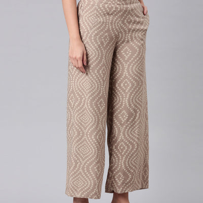 Women Beige Woven Viscose Mid Rise Printed Palazzo