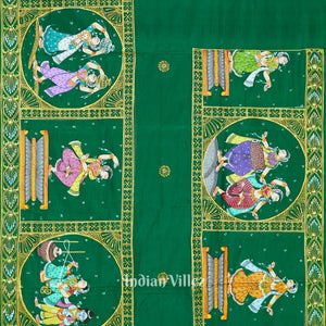Green Radha Krishna Boita Theme Hand-Painted Pattachitra Saree