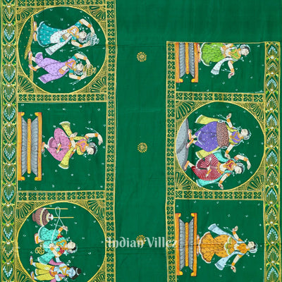 Green Radha Krishna Boita Theme Hand-Painted Pattachitra Saree