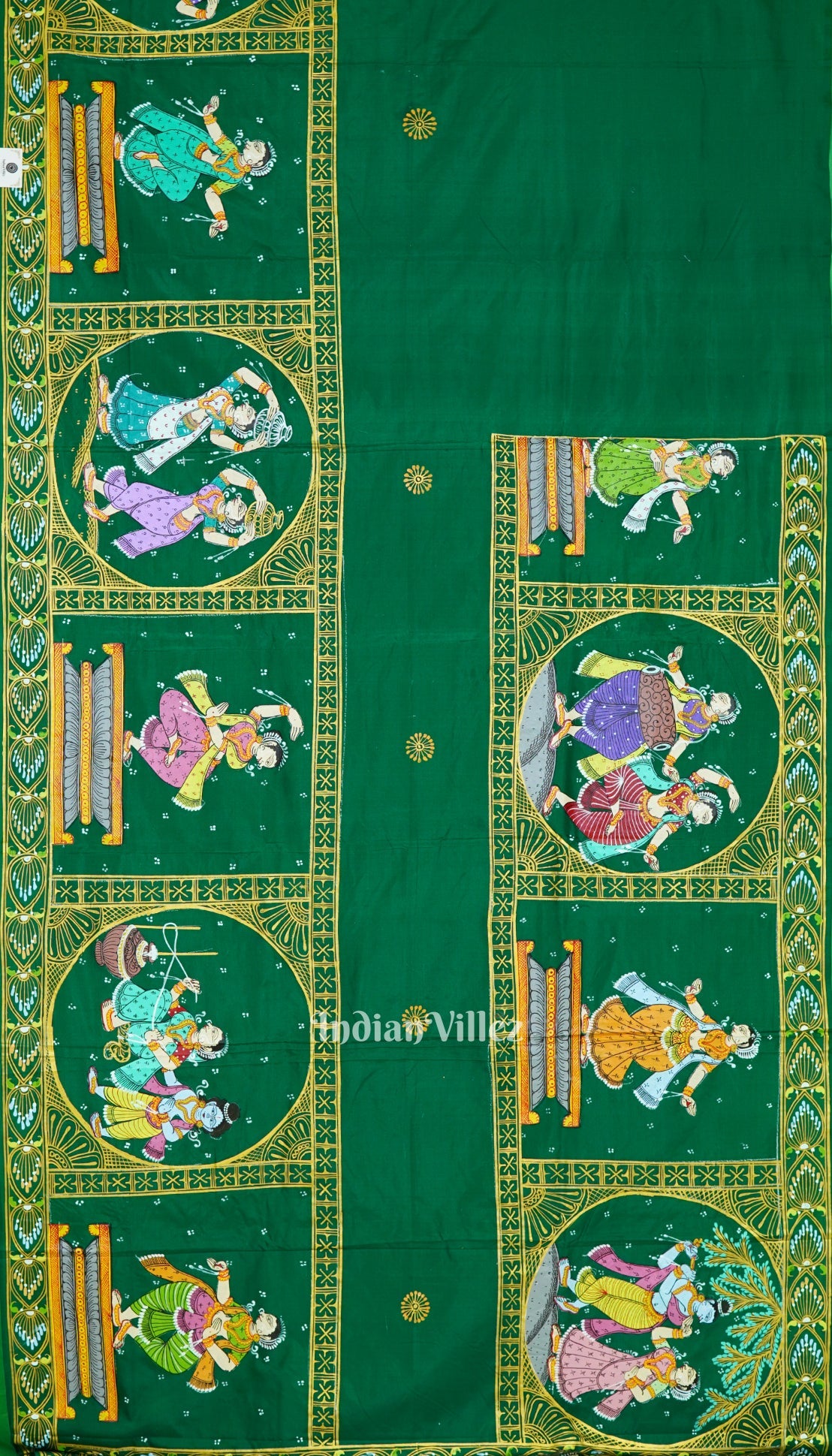 Green Radha Krishna Boita Theme Hand-Painted Pattachitra Saree
