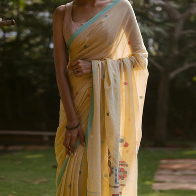 Sandal Handloom Bengal Cotton Saree With Jamdnai Llama Motifs in the Pallu