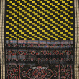 Black with Yellow Box Pattern Sambalpuri Pure Ikat Silk Saree