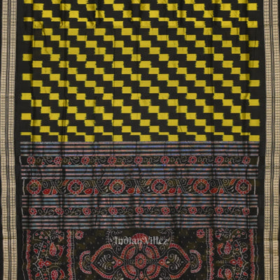 Black with Yellow Box Pattern Sambalpuri Pure Ikat Silk Saree
