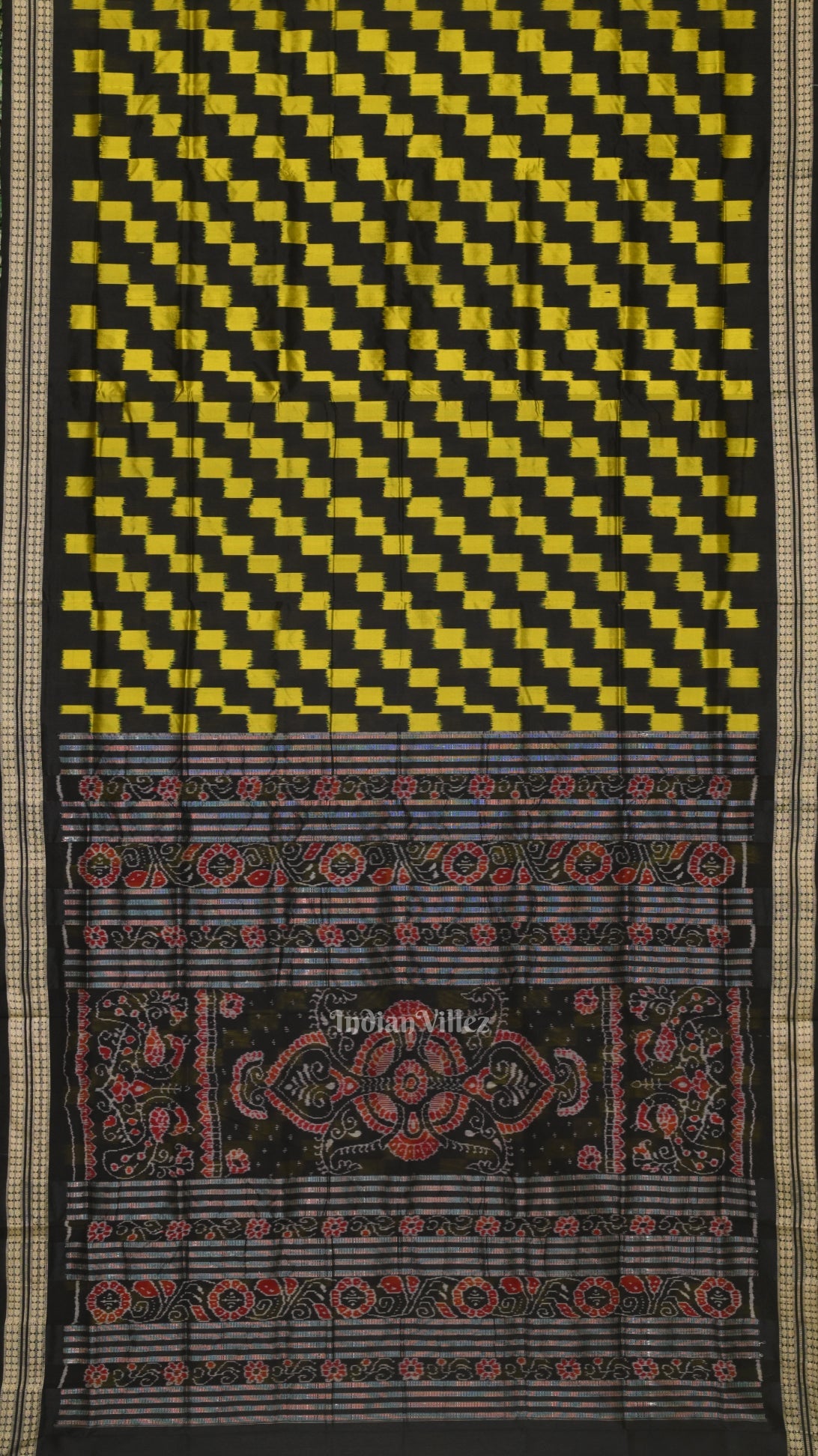 Black with Yellow Box Pattern Sambalpuri Pure Ikat Silk Saree