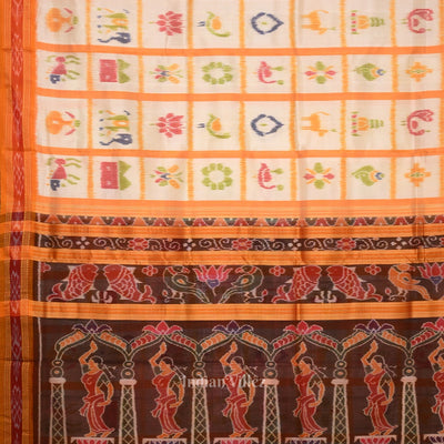 White Yellow Nabakothi Odisha Ikat Khandua Silk Saree with Nartaki Anchal