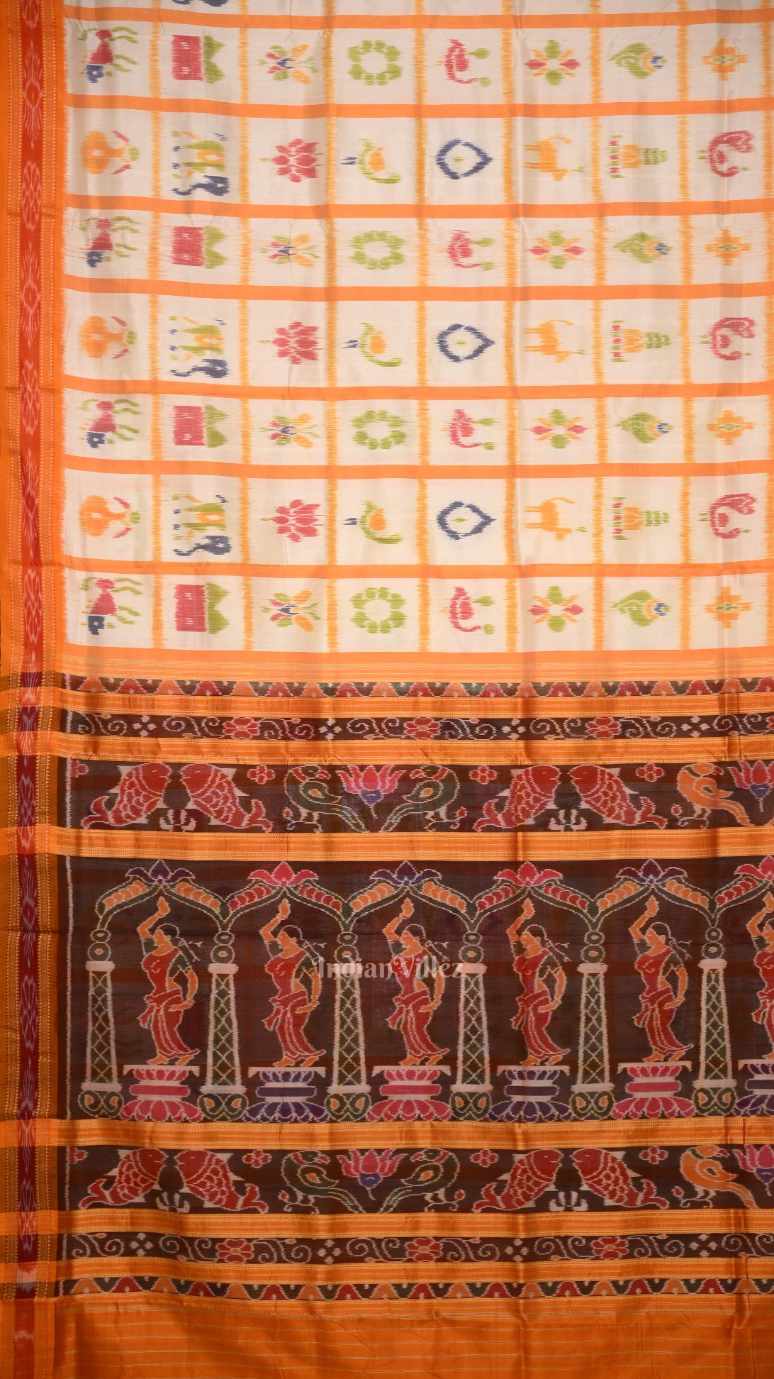 White Yellow Nabakothi Odisha Ikat Khandua Silk Saree with Nartaki Anchal