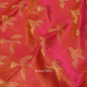 Pink With Mustard Yellow Bird Theme Pure Kanjivaram Silk Saree