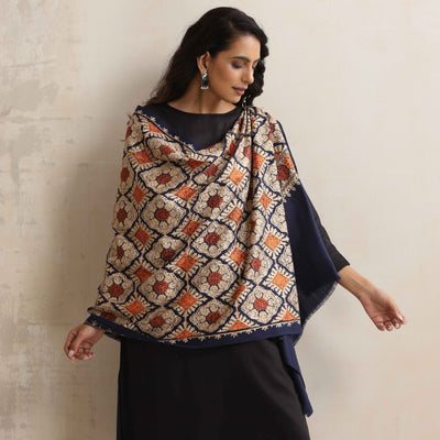 trueBrowns Navy Blue Embroidered Woollen Stole