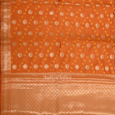 Orange Bandhini Work Pure Chiniya Silk Banarasi Saree