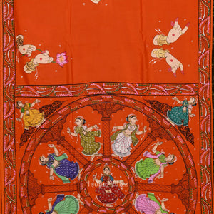 Orange Konark Chakra Nartaki Hand-Painted Pattachitra Saree