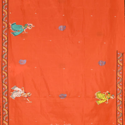 Deep Orange Radha Krishna Boita Hand-Painted Pattachitra Saree