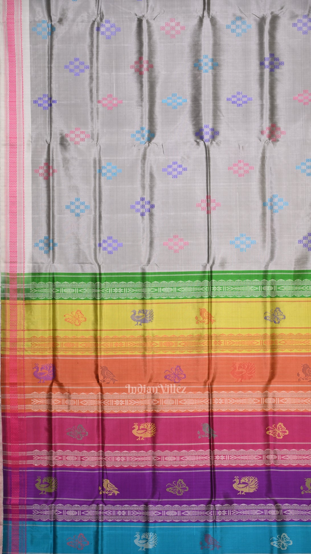 Gray Body Pasapali Double Pallu Berhampuri Silk Saree