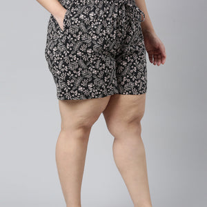 Women Printed Black Mid Rise Woven Viscose Lounge Short