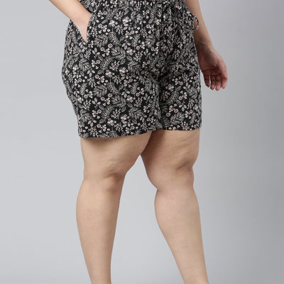 Women Printed Black Mid Rise Woven Viscose Lounge Short