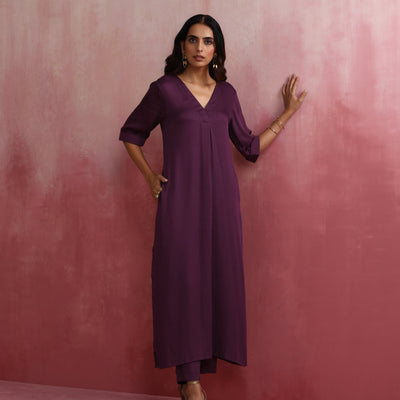 trueBrowns Purple Modal Pleated Kurta Set