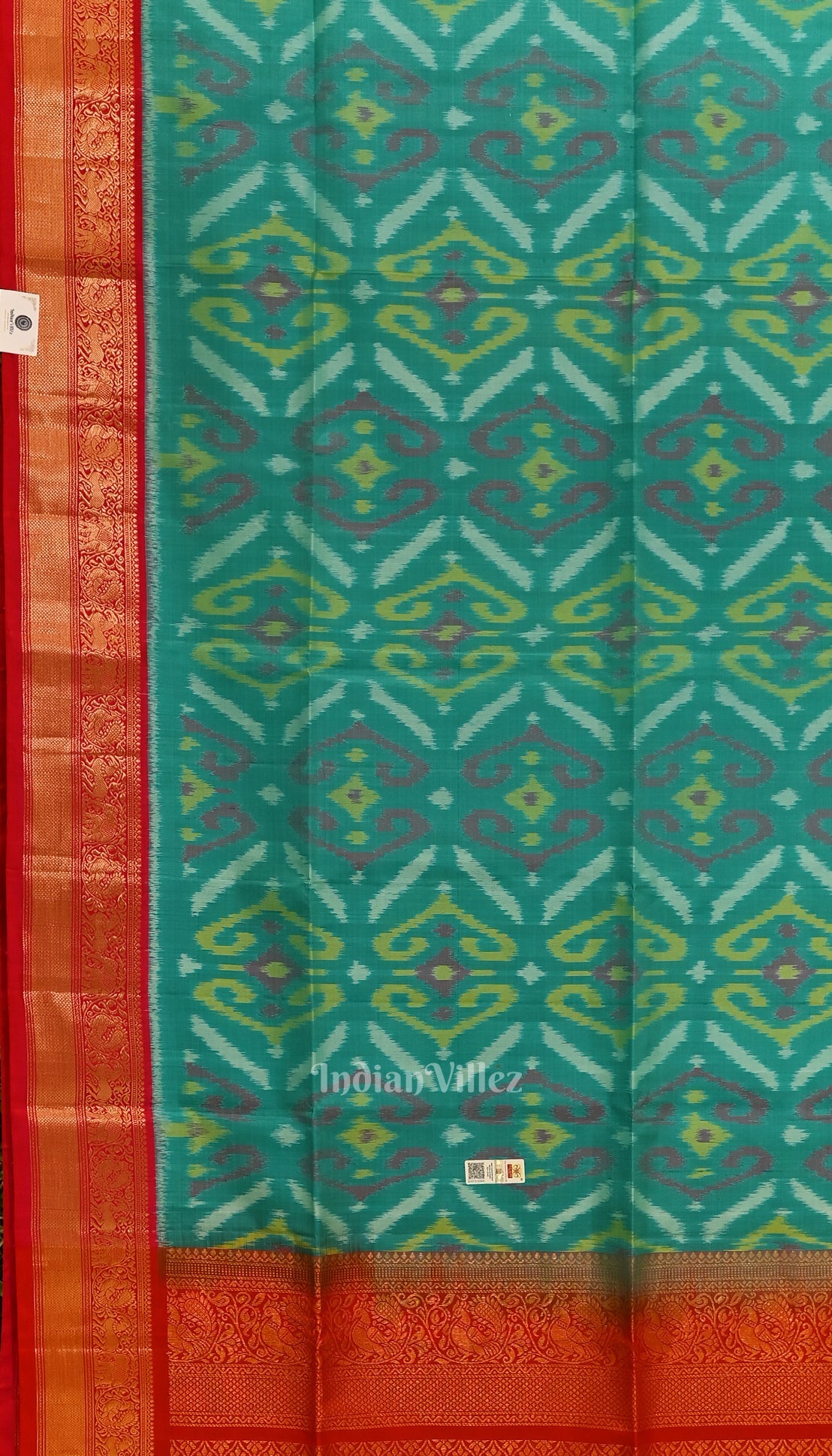 Aqua Blue with Red Pochampally Ikat Silk Saree