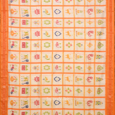 White Nabakothi Jagannath Theme Odisha Ikat Khandua Silk Saree