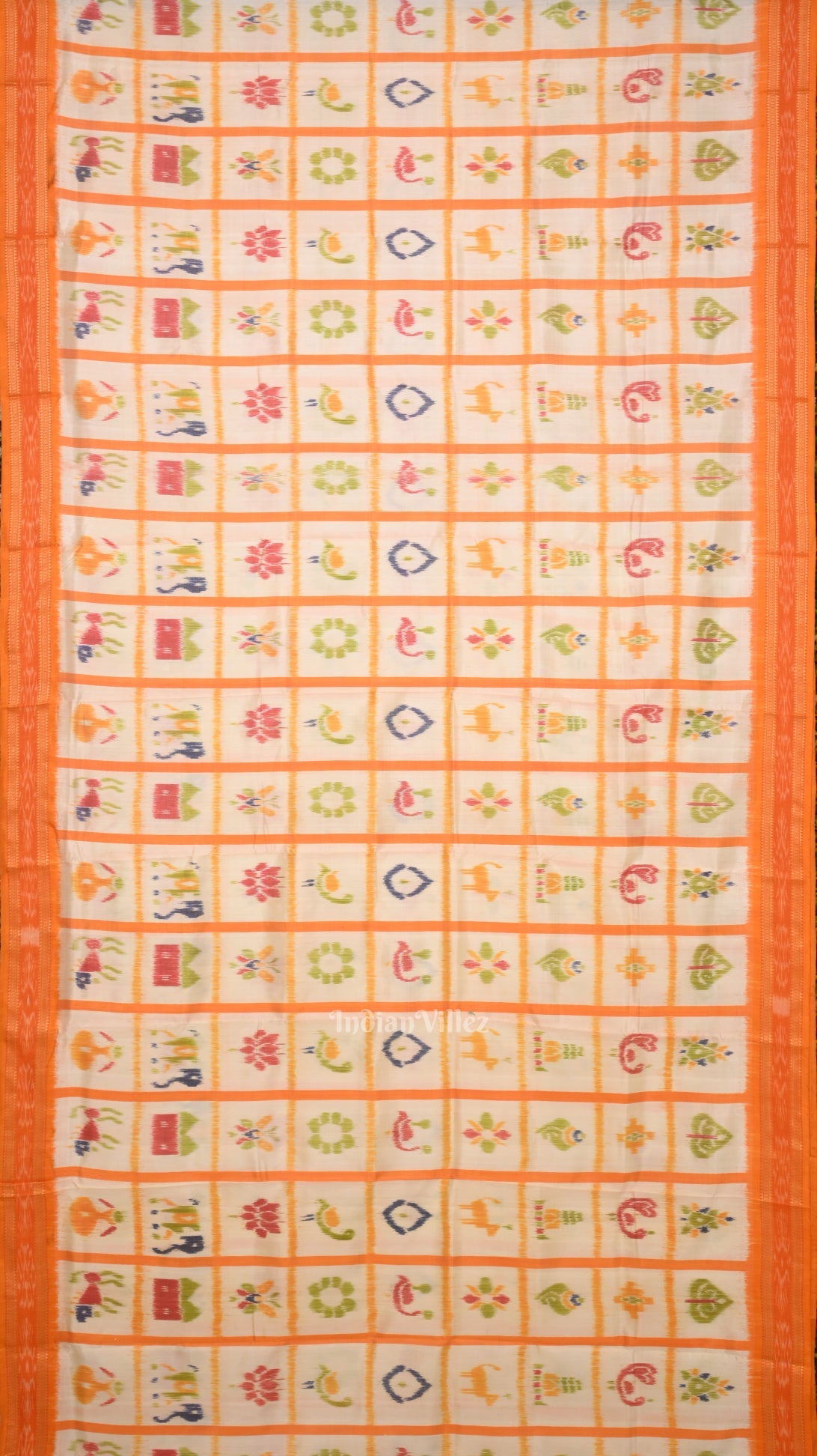 White Nabakothi Jagannath Theme Odisha Ikat Khandua Silk Saree