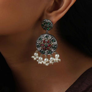 trueBrowns Silver Gold Tone Circular Stone Earrings