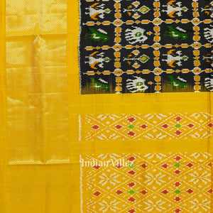 Black Yellow Nature Wildlife Design Pochampally Ikat Silk Saree