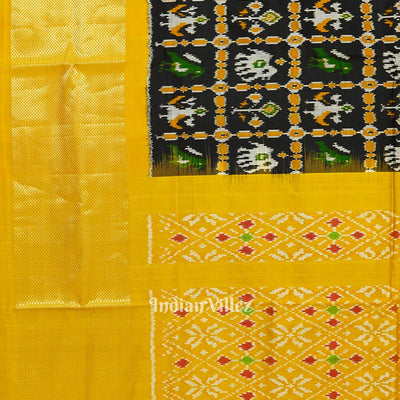 Black Yellow Nature Wildlife Design Pochampally Ikat Silk Saree