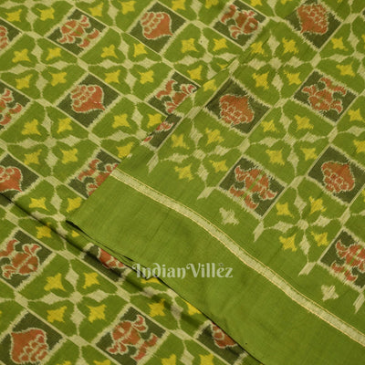 Mehendi Green Sankha Flowers Motif Sambalpuri Ikat Cotton Fabric