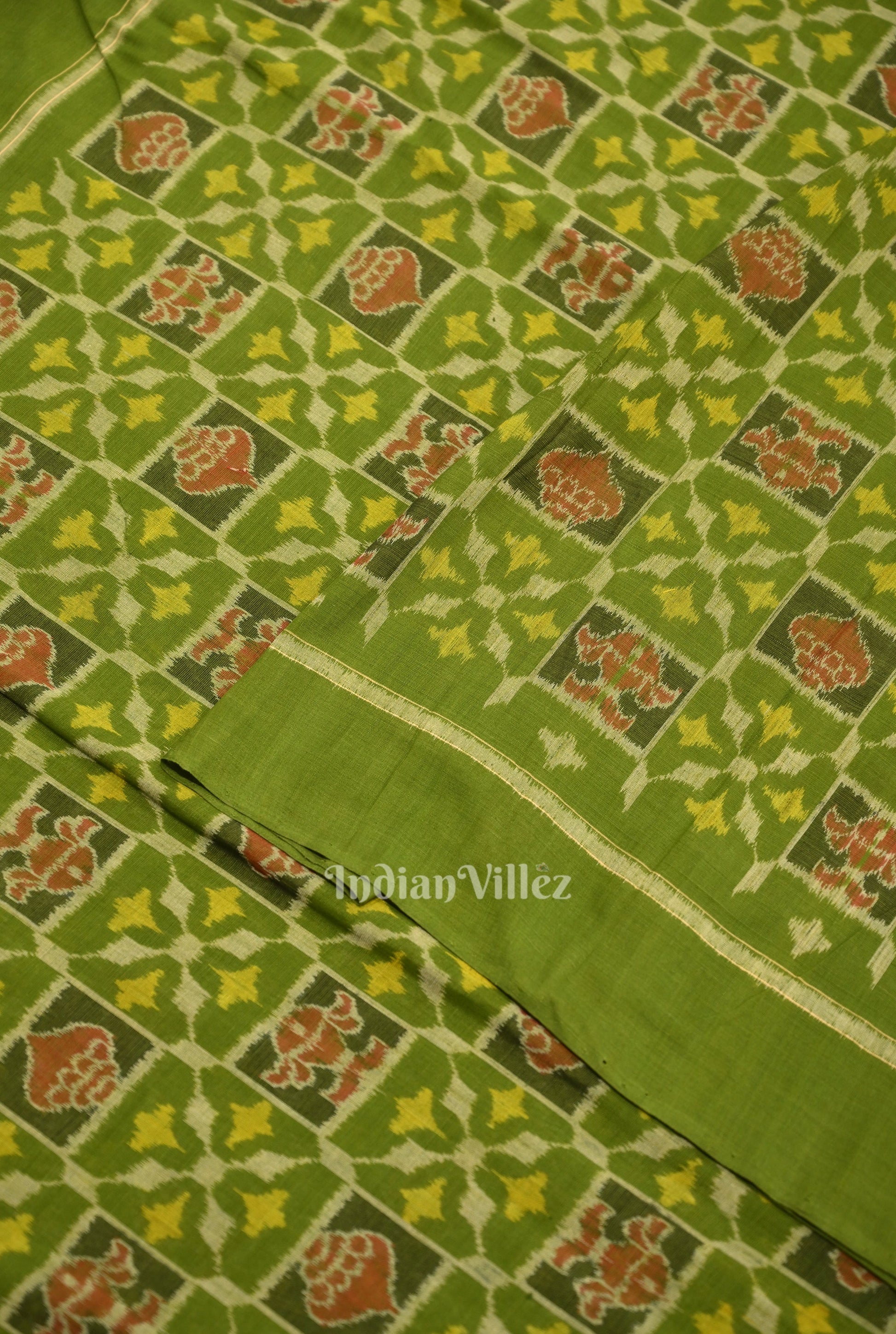 Mehendi Green Sankha Flowers Motif Sambalpuri Ikat Cotton Fabric