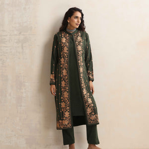 trueBrowns Green Kashmiri Woollen Jacket 3pc Set