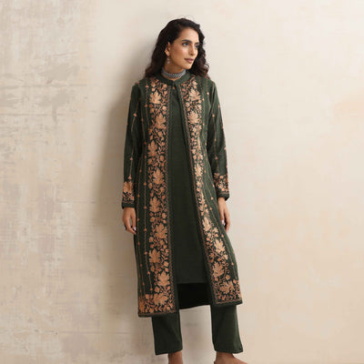 trueBrowns Green Kashmiri Woollen Jacket 3pc Set