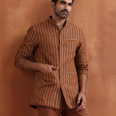 trueBrowns Men's Brown Cotton Dobby Long Jacket