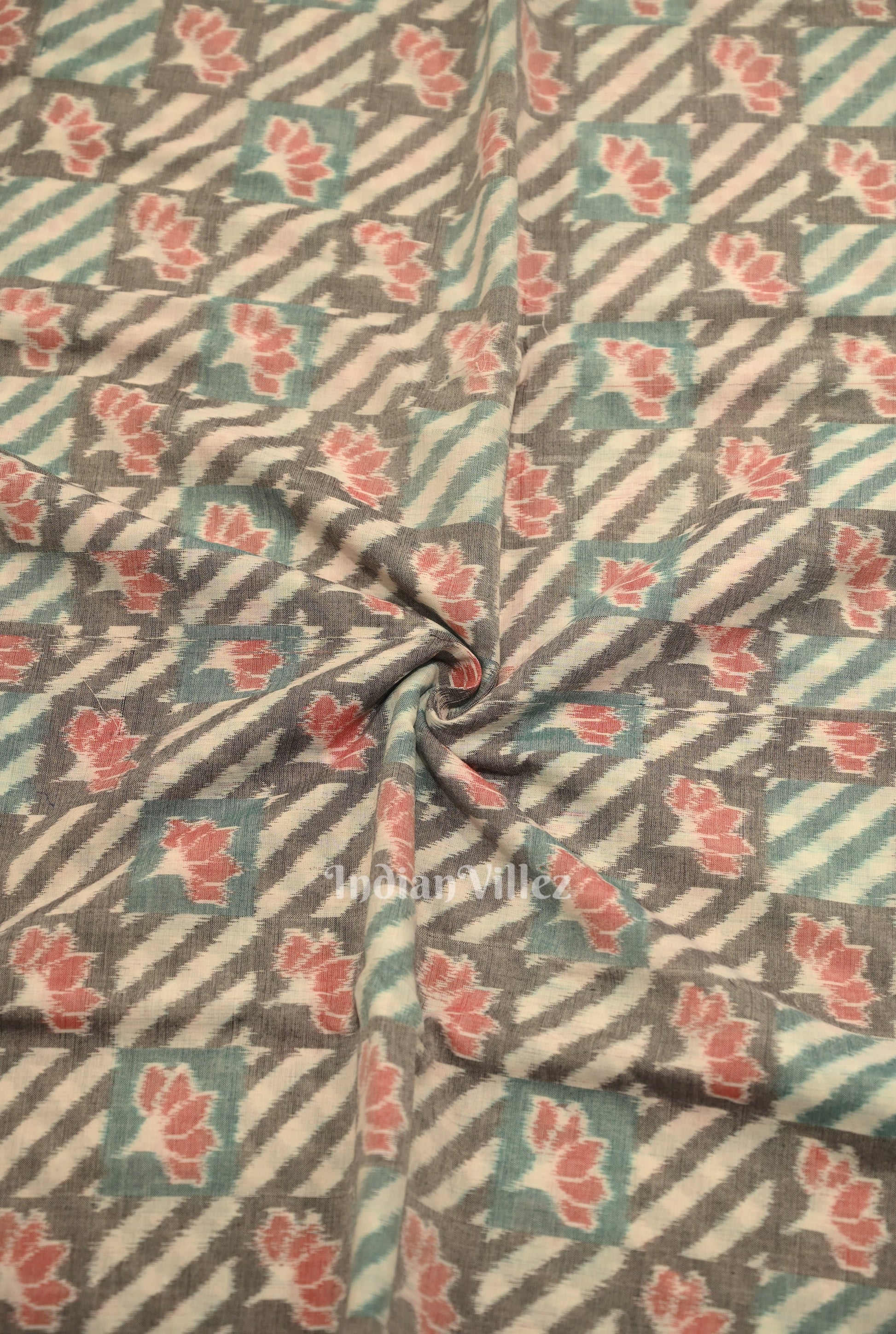 Cement Gray Lotus Motif Sambalpuri Ikat Cotton Fabric