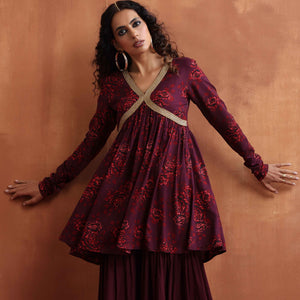 trueBrowns Purple Floral Print Sharara Set