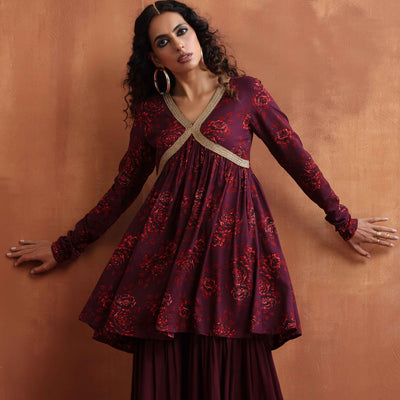trueBrowns Purple Floral Print Sharara Set