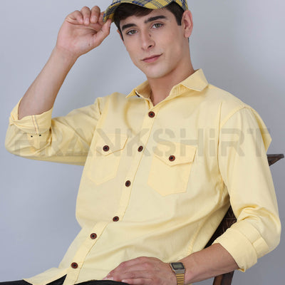 Frankshirt Double Pocket Yellow Solid Tailored Fit Cotton Casual Shirt for Man
