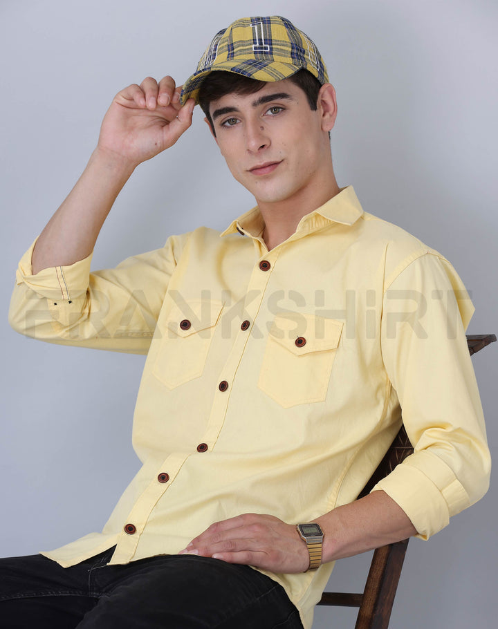 Frankshirt Double Pocket Yellow Solid Tailored Fit Cotton Casual Shirt for Man