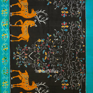 Black Golden Yellow Dear Theme Pochampally Ikat Silk Saree
